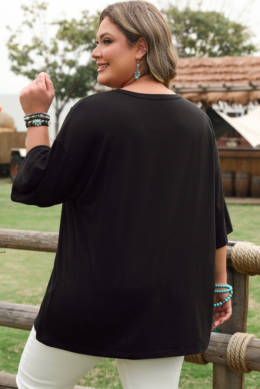 Black Checkerd DESERT DREAMS Printed Ripped Plus Size Tee