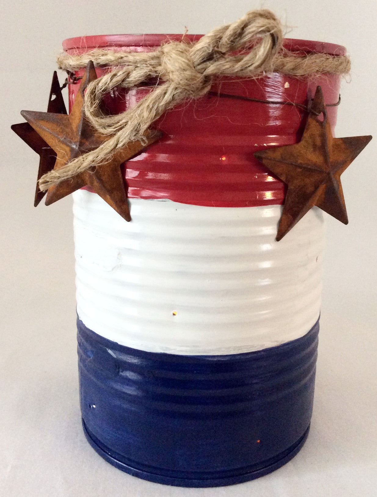 Tin Can Candle Holder, Americana Primitive Decor, Country Decor, Independence Celebration