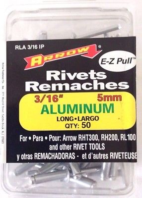 Arrow Rivets Remaches 3/16" 5mm Aluminum Long, Pack of 50