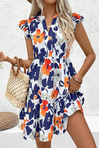 Fashion Floral Print Notched Neck Flutter Sleeve Mini Dress