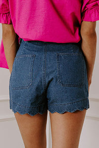 White Scalloped Hemline Acid Wash High Waist Denim Shorts