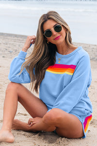 Bonbon Striped Accent Pullover and Shorts Two Piece Casual Set