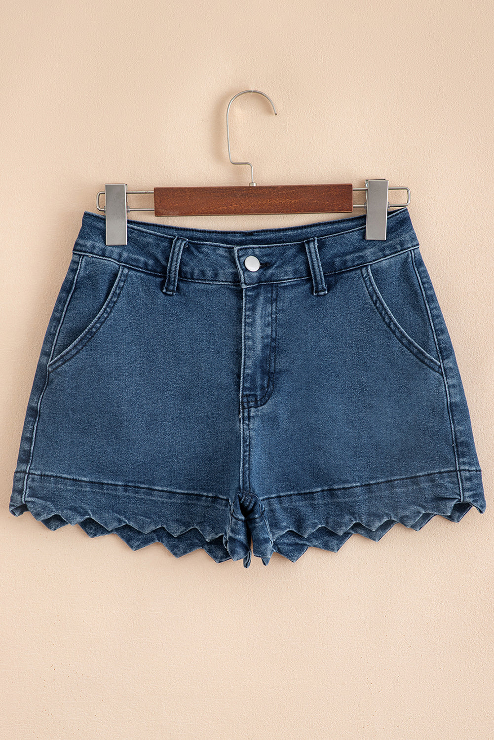White Scalloped Hemline Acid Wash High Waist Denim Shorts