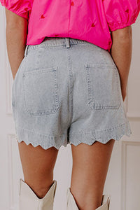 White Scalloped Hemline Acid Wash High Waist Denim Shorts