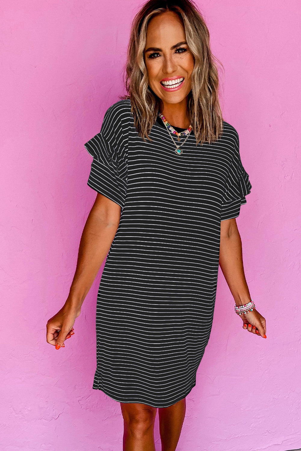 Green Stripe Ruffled Short Sleeve Crew Neck T Shirt Shift Mini Dress