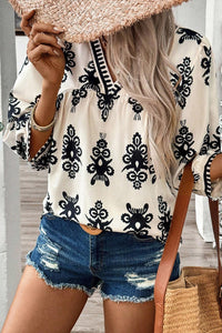 Orange Vintage Geometric Printed 3/4 Sleeve V Neck Blouse