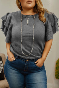 Dark Grey Double Ruffled Short Sleeve Plus Size Top