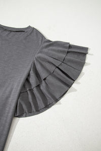 Dark Grey Double Ruffled Short Sleeve Plus Size Top