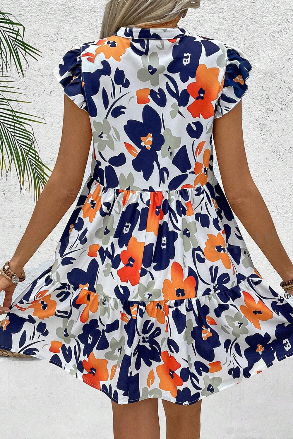 Fashion Floral Print Notched Neck Flutter Sleeve Mini Dress