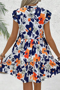 Fashion Floral Print Notched Neck Flutter Sleeve Mini Dress