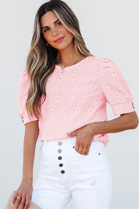 White Flower Geometric Textured Button Short Sleeve Top