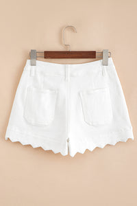 White Scalloped Hemline Acid Wash High Waist Denim Shorts