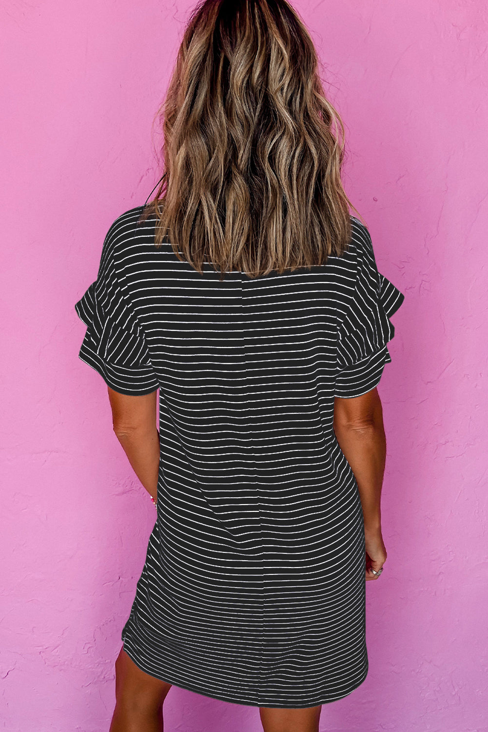 Green Stripe Ruffled Short Sleeve Crew Neck T Shirt Shift Mini Dress