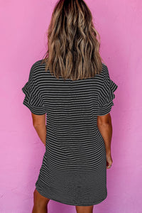 Green Stripe Ruffled Short Sleeve Crew Neck T Shirt Shift Mini Dress