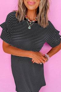 Green Stripe Ruffled Short Sleeve Crew Neck T Shirt Shift Mini Dress