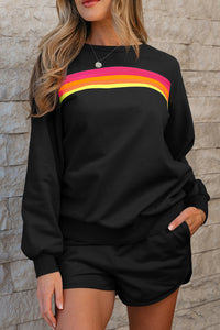 Bonbon Striped Accent Pullover and Shorts Two Piece Casual Set