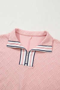 Light Pink Contrast Striped Collar Patchwork Textured Half Sleeve Blouse