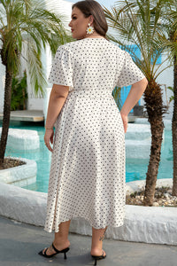 Khaki Polka Dot Surplice V Neck Tied Waist Flutter Sleeve Flowy Plus Size Midi Dress