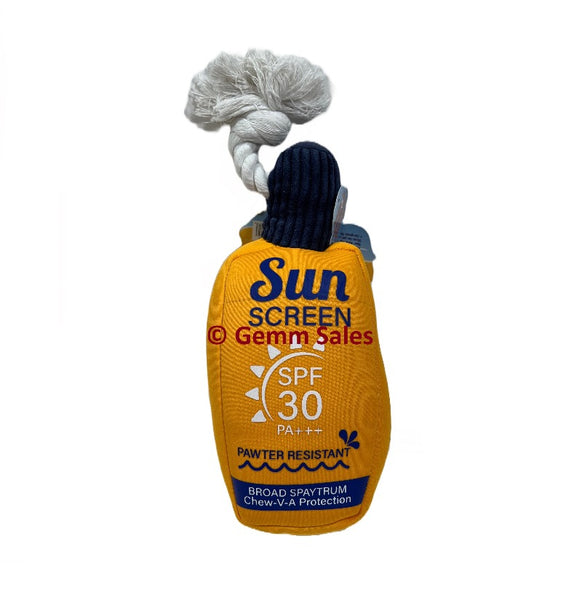 Bow Wow Sun Bark Dog Toy - Squeaky Sun Screen Bottle Toy