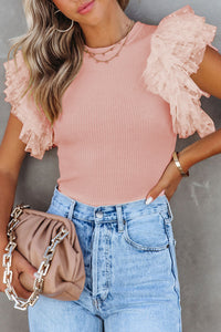White Dotty Mesh Ruffle Sleeve Ribbed Knit Top