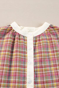 Pink Colorblock Plaid Patchwork Henley Blouse