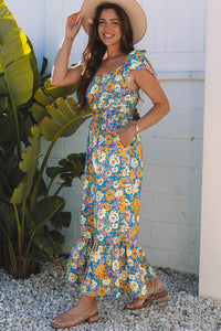 Yellow Floral Allover Print Shirred Cut Out High Waist Jumpsuit