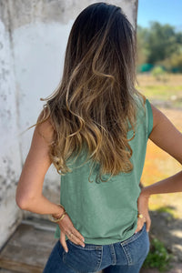 Peacock Blue Metallic Sheen Edge Scoop Neck Tank Top