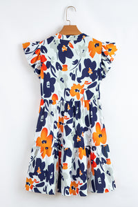 Fashion Floral Print Notched Neck Flutter Sleeve Mini Dress