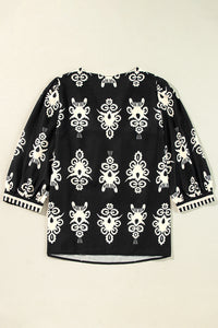 Orange Vintage Geometric Printed 3/4 Sleeve V Neck Blouse