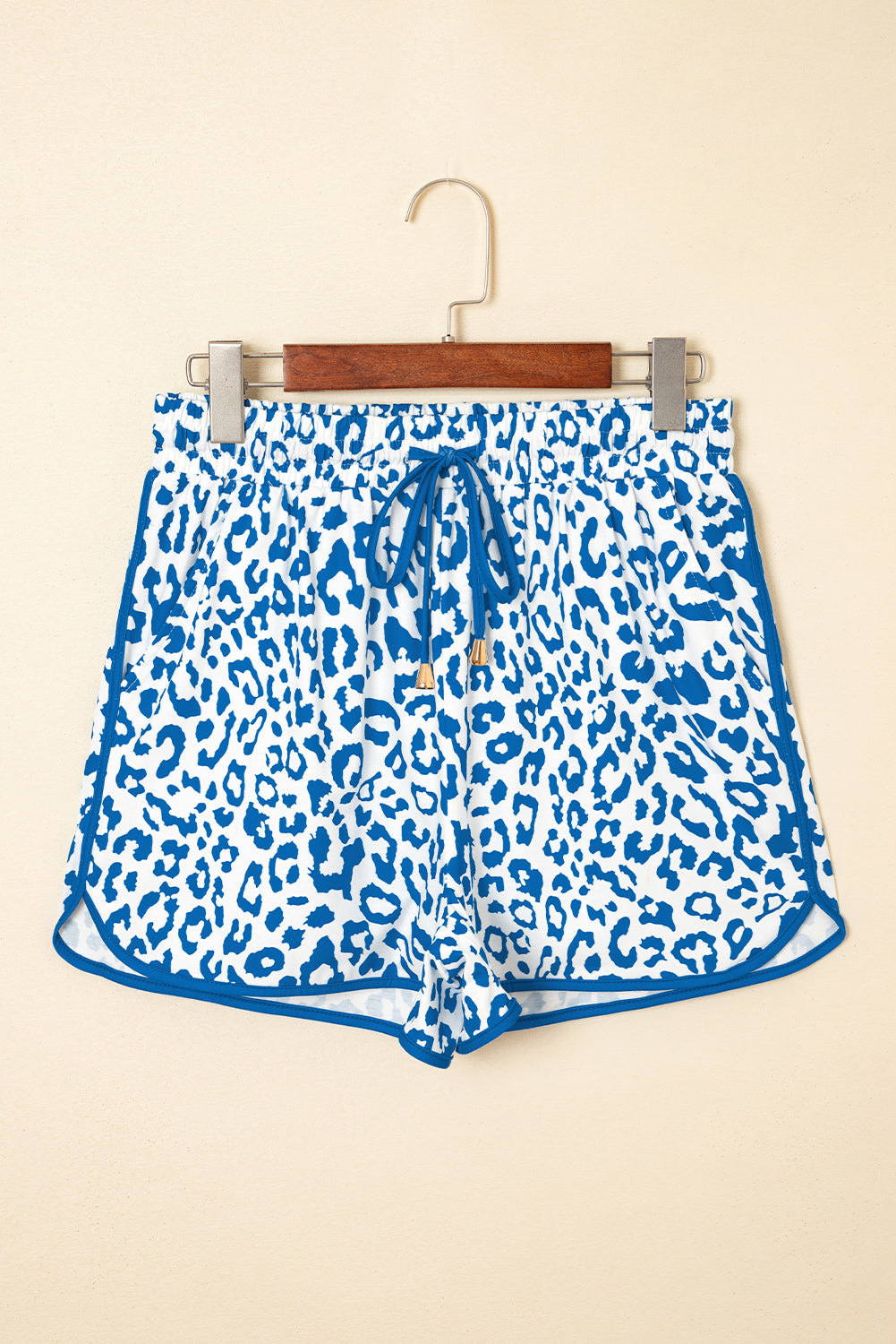 White Leopard Elastic Waist Lace up Contrast Trim Casual Shorts