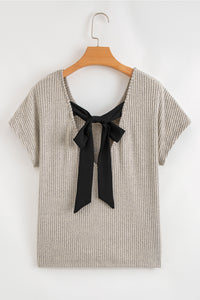 Gray Morn Ribbed Short Sleeve V Neck Colorblock Bow Back Top