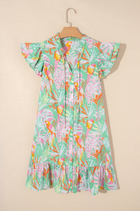 Pink Abstract Floral Ruffle Trim Flutter Sleeve Buttoned Dress