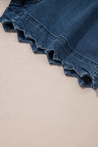 White Scalloped Hemline Acid Wash High Waist Denim Shorts