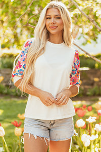 Beige Floral Puff Sleeve Patchwork Round Neck Top