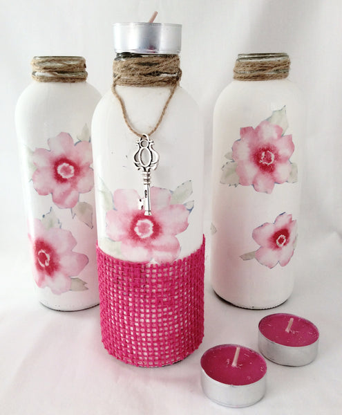 Shabby Chic Glass Bottle Vases with Pink Burlap & Silver Skeleton Key, Set of 3