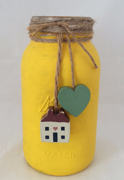 Mason Jar Vase, Country Yellow with Twine & Salt Shaker House