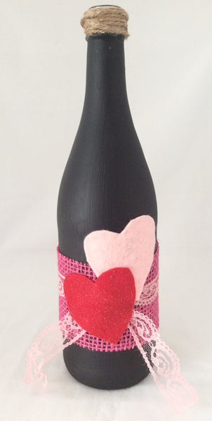 Valentine's Day, Wine Bottle Vase with Felt Hearts, Hand Painted with Black Chalk Paint