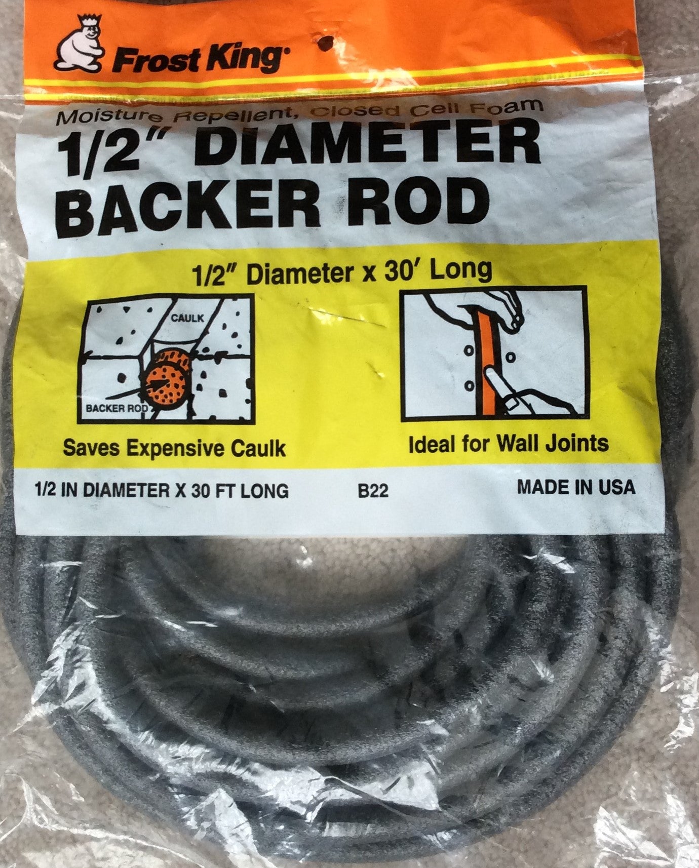 Frost King Moisture Repellent, Closed Cell Foam, 1/2" Diameter Backer Rod x 30' Long