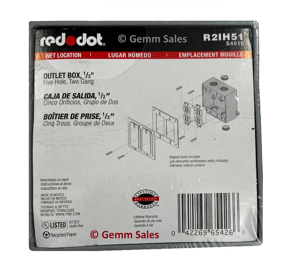 Red Dot Outlet Box 1/2" Five Hole, Two Gang