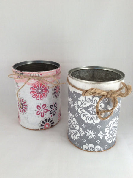 Desk Organizer, Tin Cans Hand Wrapped in Decorative Fabric and Twine