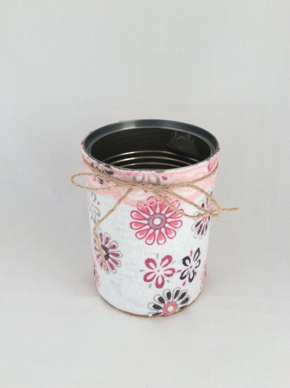 Desk Organizer, Tin Cans Hand Wrapped in Decorative Fabric and Twine
