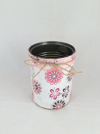 Desk Organizer, Tin Cans Hand Wrapped in Decorative Fabric and Twine