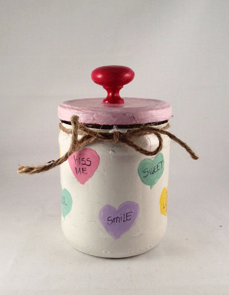 Valentine's Day Candy Jar, Hand Painted Candy Hearts